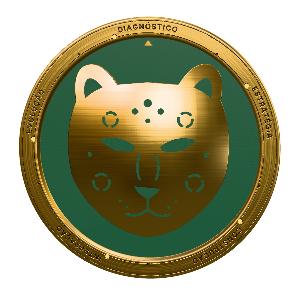 Selo SANCTA: medalhão de latão com a onça em relevo sobre esmalte verde; no aro, as cinco etapas do método, todas marcadas como aprovadas.